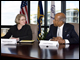 Secretary Spellings and Dr. Louis Sullivan, dean of the Morehouse School of Medicine, talk at a round table discussion at Morehouse College.