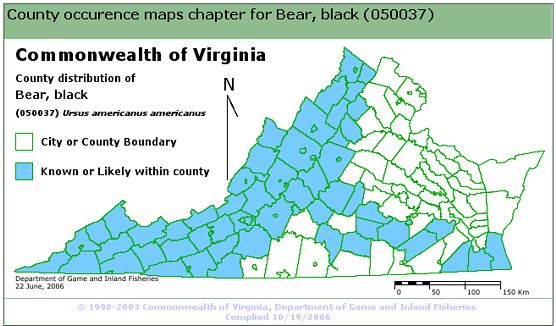 Black Bear Virginia county occurence map. June 2006. vafwis.org.