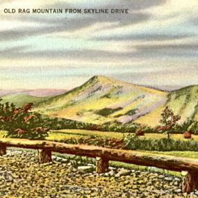 old rag post card with overlook and guard rail.