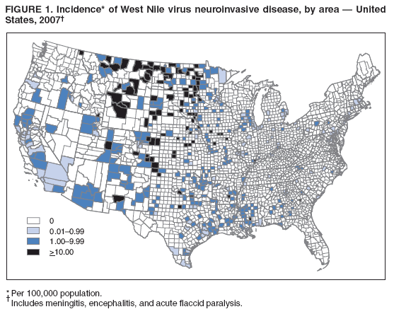 FIGURE 1. Incidence* of West Nile virus neuroinvasive disease, by area — United
States, 2007†