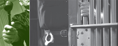 Judge using a gavel; policeman closing a prison door.