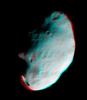 Craters on Saturn's moon Pandora exhibit clarity and depth in this anaglyph, or 3D view, from Cassini