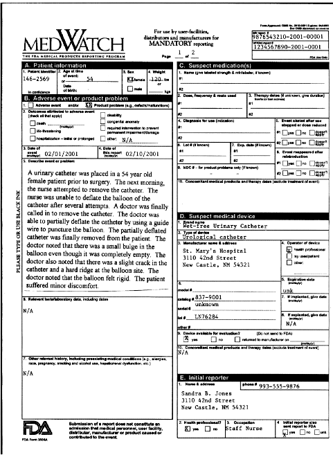 Copy of a Medwatch Form with some mock information filled in.