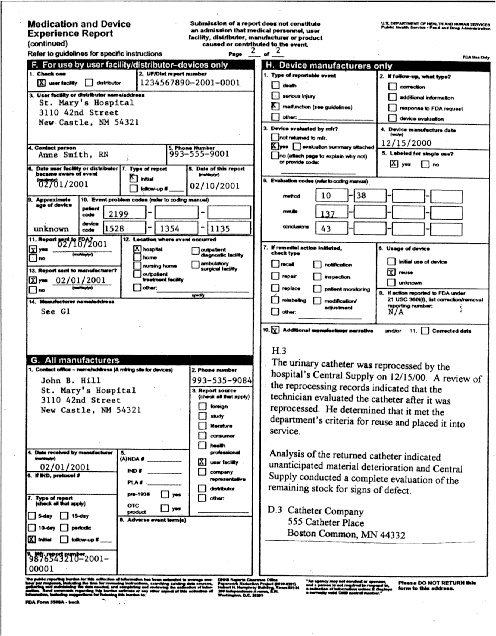 Second Page of a copy of a MedWatch From with some Mock Information Filled In