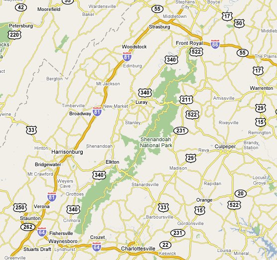 Map of the roads and towns around Shenandoah.
