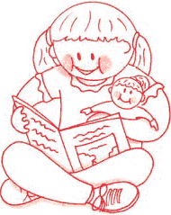 Childlike drawing of a girl sitting on the ground, reading a book to her doll.