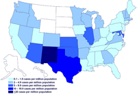 Incidencia de casos de infección por el brote de la cepa de Salmonella saintpaul, Estados Unidos, por estado, hasta las 9 pm EST del 10 de julio de 2008