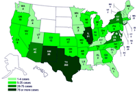 Personas infectadas por el brote de la cepa de Salmonella saintpaul, Estados Unidos, por estado, hasta las 9 pm EST del 2 de julio de 2008