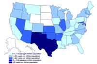 Incidencia de casos de infección por el brote de la cepa de Salmonella saintpaul, Estados Unidos, por estado, hasta las 9 pm EST del 27 de julio de 2008