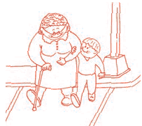 Childlike drawing of a small child helping an elderly woman with a cane cross the street.