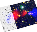 Image of colliding galaxies with luminous gas in one location and dark matter in another