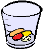 (Cartoon of various pills in a plastic cup)
