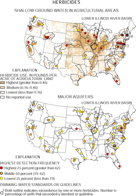 Map showing the United States herbicides for shallow ground water in agricultural areas and major aquifers.