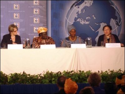 Secretary Spellings moderated a panel on 'Mother-Child Literacy and Intergenerational Learning' at the White House Conference on Global Literacy held at the New York Public Library.  Panel members (left to right) are Maria Diarra Keita, Founding Director, Institute for Popular Education in Mali; Florence Molefe, Facilitator, the Family Literacy Project in South Africa; and Dr. Perri Klass, Medical Doctor and President of the Reach Out and Read National Center and Professor of Journalism and Pediatrics, New York University.