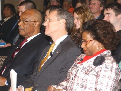 Secretary Paige and others listen during a presentation at the release of the National Education Technology Plan.