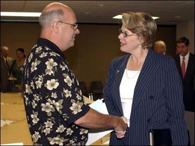 Secretary Spellings meets Steve Herbert, a chef from Covington, Louisiana, whose home was damaged by Hurricane Katrina.