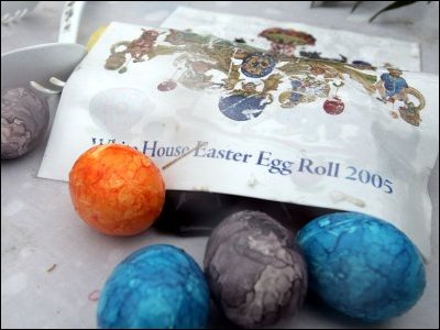 Rain swirls with Easter egg dye to create intricate patterns on a few of the more than 10,000 eggs prepared for the White House Easter Egg Roll. (White House photo by Courtney Bowers)