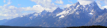 View of the Teton Range from the back deck of Jackson Lake Lodge.