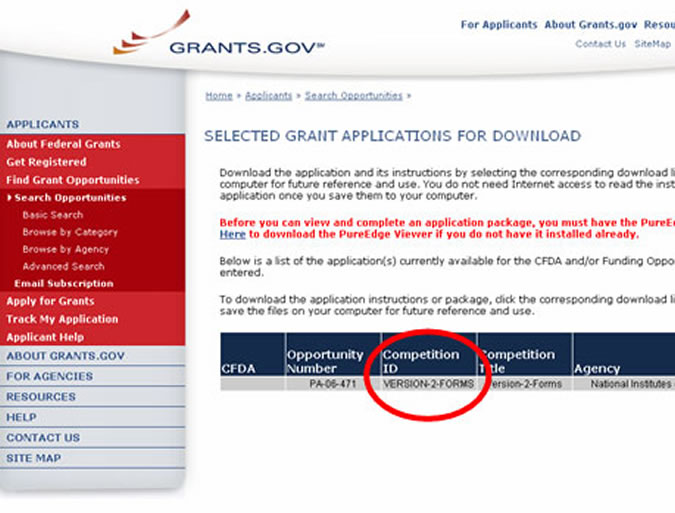"Version-2-Forms" in the Competition ID column on "Selected Grant Applications for Download" page