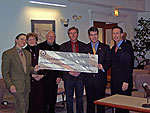 Congressman Lynch presents a check for $250,000 for the rehabilitation of Stetson Hall in Randolph to Henry Cooke, Jane and Walter Hess, State Representative Bruce Ayers and State Representative Walter Timilty. Lynch secured the funding through the Transportation-Treasury-Housing and Urban Development Appropriations Act for Fiscal Year 2006