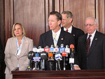 Congressman Lynch responds to a reporter’s question at a press conference in Iraq.  Lynch is joined by Representatives Thelma Drake (R-VA), Steve Israel (D-NY) and Jim Saxton (R-NJ)