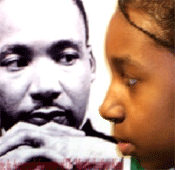 Girl looking at picture of Martin Luther King, Jr.