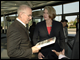 Secretary Spellings greets Terry Stewart, president and chief executive officer of the Rock and Roll Hall of Fame and Museum.