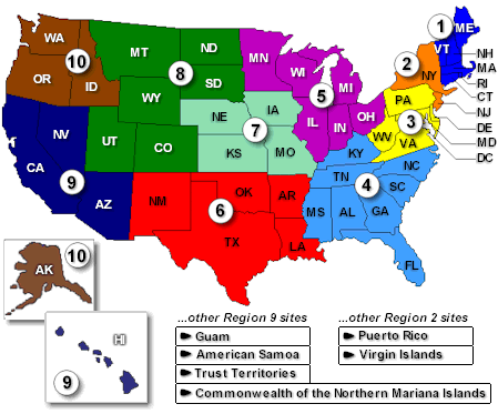 US Map of EPA Regions, text links below