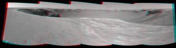 NASA's Mars Exploration Rover Opportunity used its navigation camera to take the images combined into this stereo view of the rover's surroundings on the 958th sol, or Martian day, of its surface mission (Oct. 4, 2006)