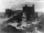 [Chimalistac - reproduction of painting showing women washing on a stream, man on horseback, bridge and church]