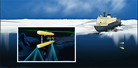 Illustration of icebreaker in frozen ocean and close up of the Puma autonomous under water vehicle 