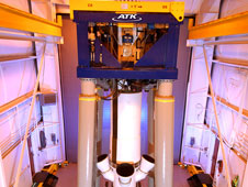 The vertical test platform for the full-scale abort motor allows the motor to be tested top side down with the nozzles pointing skyward.