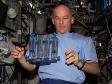 Astronaut Jeffrey Williams performs one of multiple tests of the Capillary Flow Experiment investigation.