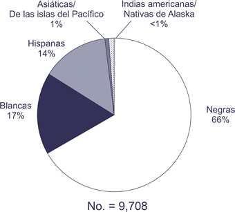 No. = 9,708

Negras: 66%
Blancas: 17%
Hispanas: 14%
Asiáticas/Nativas de las islas del Pacífico: 1%
Indias americanas/Nativas de Alaska: <1%