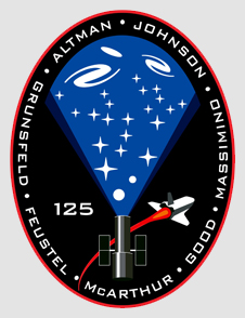 STS-125 mission patch. Small picture of the Hubble and the shuttle with a cone of galaxies that originates at the open end of the Hubble.