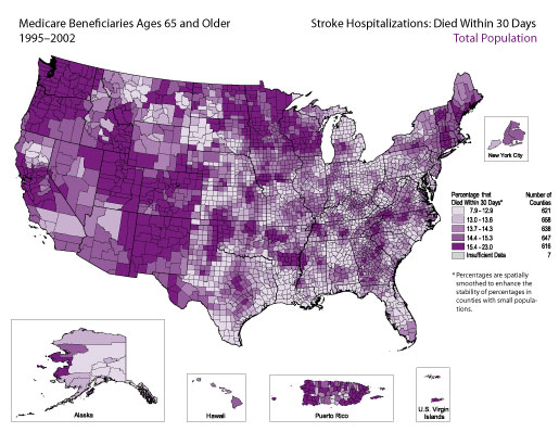 Map showing stroke hospitalization rates for medicare beneficiaries that died within 30 days for the total population. Refer to previous paragraph titled Total Population for a detailed explanation of the map.