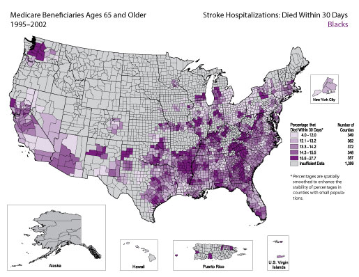 Map showing stroke hospitalization rates for medicare beneficiaries that died within 30 days for the Black population. Refer to previous paragraph titled Blacks for a detailed explanation of the map.
