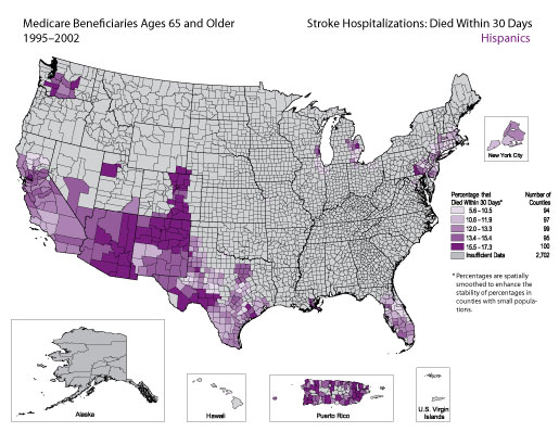 Map showing stroke hospitalization rates for medicare beneficiaries that died within 30 days for the Hispanic population. Refer to previous paragraph titled Hispanics for a detailed explanation of the map.