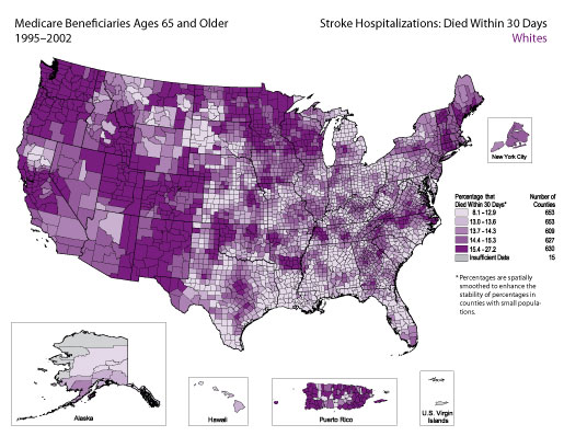 Map showing stroke hospitalization rates for medicare beneficiaries that died within 30 days for the white population. Refer to previous paragraph titled Whites for a detailed explanation of the map.