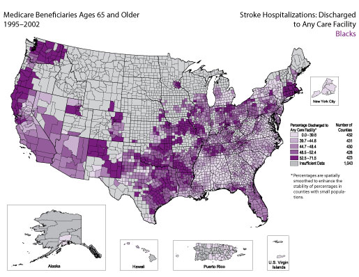 Map showing stroke hospitalization rates for medicare beneficiaries that were dishcarged to any care facility for the Black population. Refer to previous paragraph titled Blacks for a detailed explanation of the map.