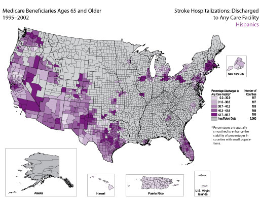 Map showing stroke hospitalization rates for medicare beneficiaries that were discharged to any care facility for the Hispanic population. Refer to previous paragraph titled Hispanics for a detailed explanation of the map.
