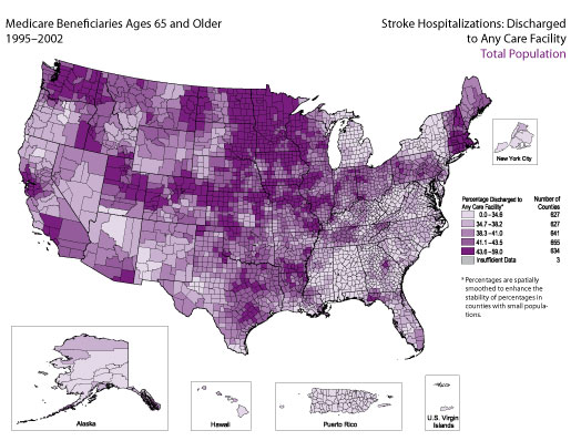 Map showing stroke hospitalization rates for medicare beneficiaries that were discharged to any care facility for the total population. Refer to previous paragraph titled Total Population for a detailed explanation of the map.