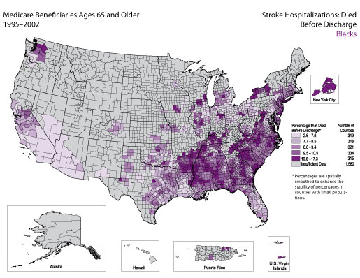 Map showing stroke hospitalization rates for medicare beneficiaries that died before discharge for the Black population. Refer to previous paragraph titled Blacks for a detailed explanation of the map.