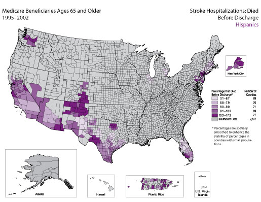 Map showing stroke hospitalization rates for medicare beneficiaries that died before discharge for the Hispanic population. Refer to previous paragraph titled Hispanics for a detailed explanation of the map.