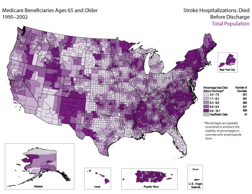 Map showing stroke hospitalization rates for medicare beneficiaries that died before discharge for the total population. Refer to previous paragraph titled Total Population for a detailed explanation of the map.
