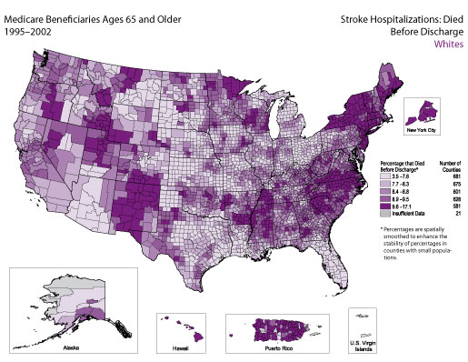 Map showing stroke hospitalization rates for medicare beneficiaries that died before discharge for the white population. Refer to previous paragraph titled Whites for a detailed explanation of the map.