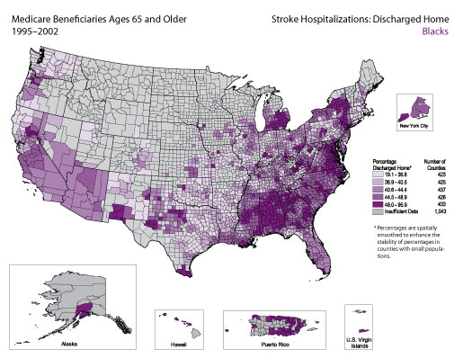 Map showing stroke hospitalization rates for medicare beneficiaries that were discharged home for the Black population. Refer to previous paragraph titled Blacks for detailed explanation of the map.