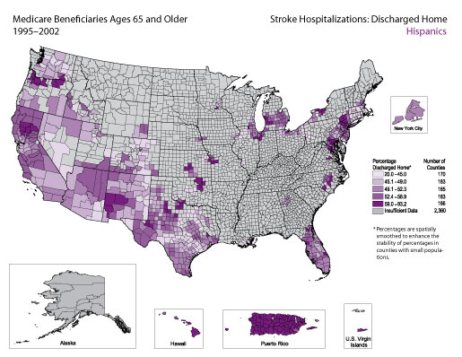Map showing stroke hospitalization rates for medicare beneficiaries that were discharged home for the Hispanic population. Refer to previous paragraph titled Hispanics for a detailed explanation of the map.