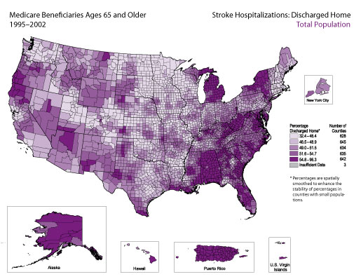 Map showing stroke hospitalization rates for medicare beneficiaries that were discharged home for the total population.  Refer to previous paragraph titled Total Population for a detailed explanation of the map.