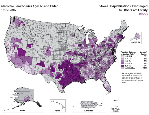 Map showing stroke hospitalization rates for medicare beneficiaries that were discharged to other care facilities for the Black population. Refer to previous paragraph titled Blacks for a detailed explanation of the map.